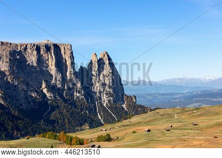 View Of Seiser Alm Plateau With Punta Euringer Mountain And Val Gardena. South Tyrol, Italy.