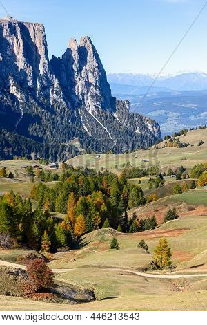 Rolling Hills On Seiser Alm Plateau During Autumn. South Tyrol, Italy (vertical Photo)