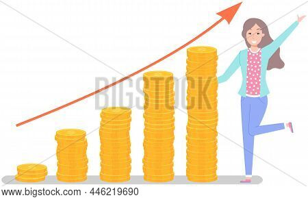 Businesswoman Standing Near Pile Of Gold Coins. Stack Of Pennies, Increased Income, Business Profit 
