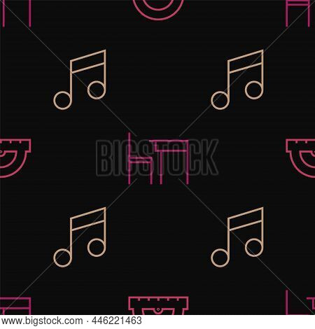 Set Line Protractor, Music Note, Tone And School Table And Chair On Seamless Pattern. Vector