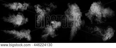 A Set Of Nine Different Types Of Swirling, Wriggling Smoke, Vapor Isolated On A Black Background For
