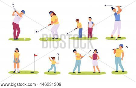 Golf Players Characters. Different Ages Golfers, Happy Men, Women And Children With With Golf Clubs,