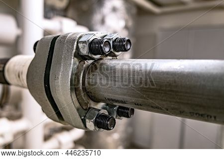 Flanged Connections Of Water Pipes On A Light Background Background. System Engineering.