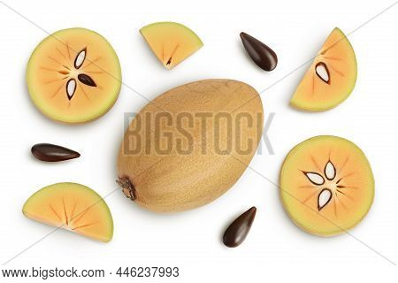 Sapodilla Isolated On White Background With Clipping Path And Full Depth Of Field. Top View. Flat La