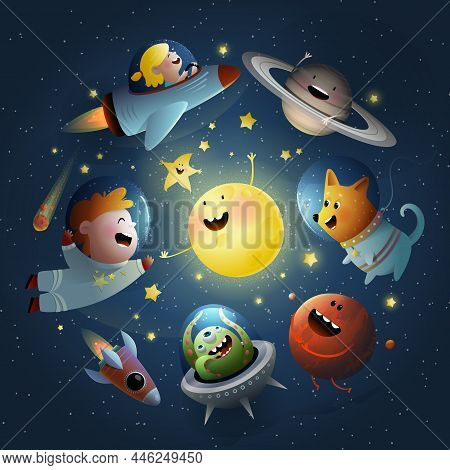 Space Travel With Kids, Dog And Ufo Alien. Baby Cartoon Illustration, Sun And Stars Outer Space Wall