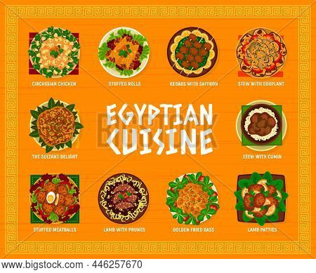 Egyptian Cuisine Restaurant Menu Template. Circassian Chicken, Stuffed Rolls And Meatballs Kebab, St