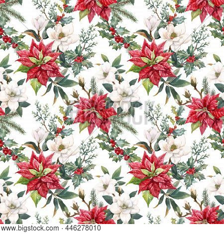 Beautiful Vector Floral Christmas Seamless Pattern With Hand Drawn Watercolor Winter Flowers Such As
