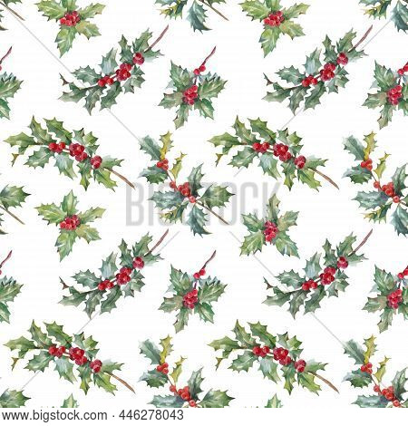 Beautiful Vector Floral Christmas Seamless Pattern With Hand Drawn Watercolor Holly Branches. Stock 