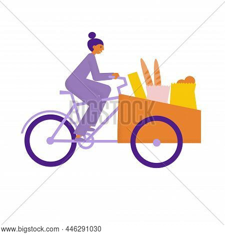 Woman Riding Cargo Bike With Food And Goods. A Girl Transports Carries Purchases On Bakfiets Bicycle