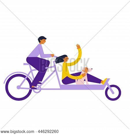 Man Rides Long John Bike With A Woman And Dog. Guy Is Carrying A Happy Girl In Lastenfahrrad Bicycle
