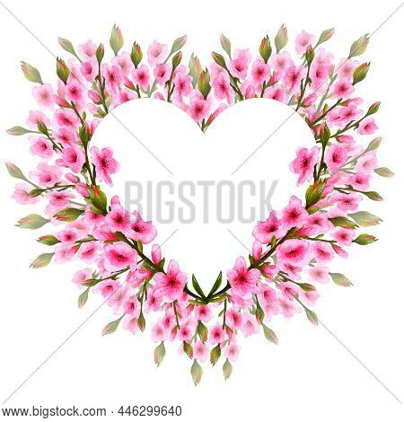Watercolor Wreath Of Branches With Pink Flowers, In The Shape Of A Heart, On A White Background.