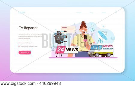 Tv Presenter Web Banner Or Landing Page. Television Host In A Studio
