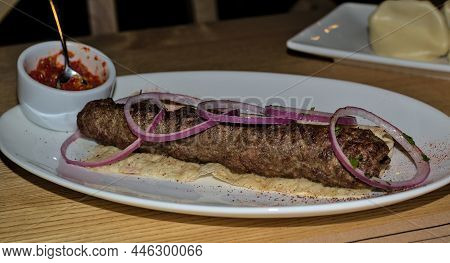 Traditional Georgian National Cuisine. Lula Kebab From Minced Meat (beef, Lamb, Veal) On Pita Bread 