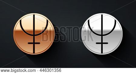 Gold And Silver Neptune Planet Symbol Icon Isolated On Black Background. Astrology, Numerology, Horo