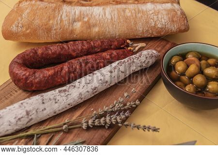 Fuets Catalan Dry Sausages. Set Of Spanish Sausages And Dry Cured Meat Chistorra, Chorizo, Salchicho