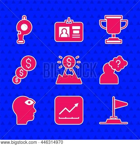 Set Mountains With Flag, Financial Growth Increase, Flag, Head Question Mark, Man Third Eye, And Dol