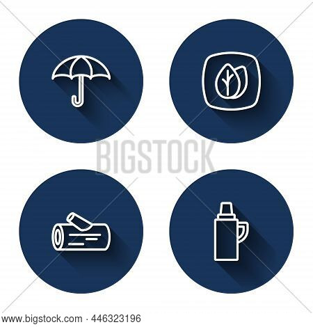 Set Line Umbrella, Leaf, Wooden Log And Thermos Container With Long Shadow. Blue Circle Button. Vect