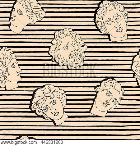 Marble Sculptura Head Seamless Pattern Ancient Greek Design , Retro Stylr Historic Male And Female H