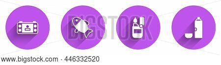 Set Portable Video Game Console, Fish, Lighter And Thermos Container Icon With Long Shadow. Vector