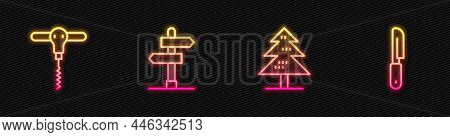 Set Line Tree, Wine Corkscrew, Road Traffic Sign And Knife. Glowing Neon Icon. Vector