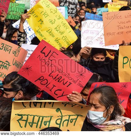 New Delhi, India December 25 2021 : Delhi Contractual Guest Teachers With Posters, Flags And Graffit