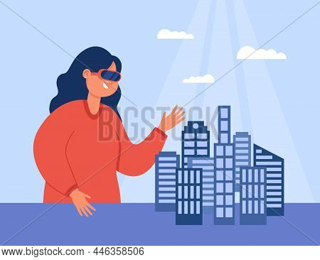 Architect With 3d Model Of City Construction On Table. Engineer In Vr Headset Modeling Office Buildi