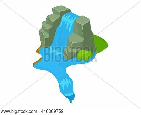 Low Tropical Waterfall And Rock Isolated On White Background. River Stream Flowing Throw Rocks To Mo