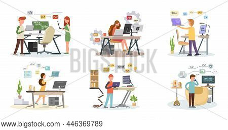 Programmer Engineering And Coding. Programmer Working On Code For Web App Development On Computer. C