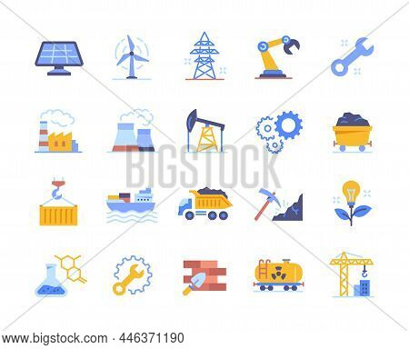 Industries Icon Set. Colorful Stickers With Chemical Industry, Factories, Fuel Extraction, Repair, M