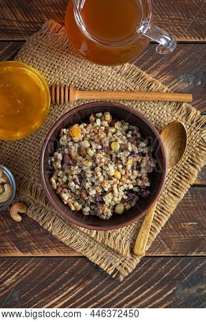 Bowl With Ukrainian Tradition Christmas Sweet Food. Kutia Is A Traditional Slavic Holiday Dish. Top 