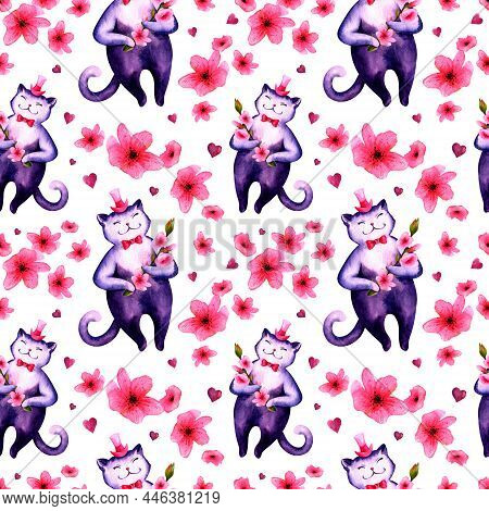 Watercolor Print With Cats And Pink Flowers, Seamless, On A White Background.