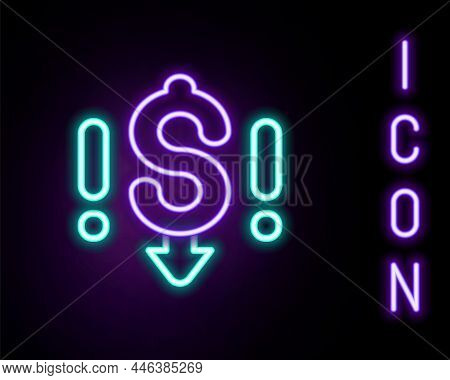 Glowing Neon Line Dollar Rate Decrease Icon Isolated On Black Background. Cost Reduction. Money Symb