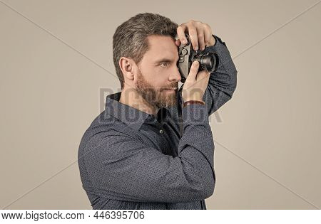 Worth Capturing. Bearded Man Take Photo With Camera. Shooting Session. Photography Session
