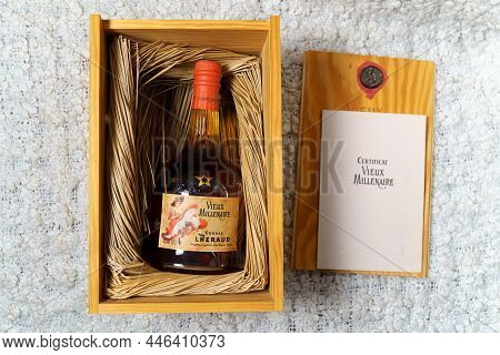 Tyumen, Russia-november 27, 2021: Cognac Lheraud Vieux Millenaire. Founder Is Alexander Lero.