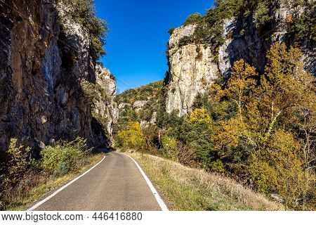 Driving Through Foz De Arbayun Canyon Of Salazar River In The Pyrenees In Navarre Autonomous Communi