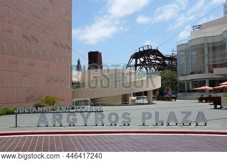 COSTA MESA, CALIFORNIA - 8 MAY 2021: The Argyros Plaza is a public gathering place that offers free events and performances, between Segerstrom Hall and the RenÃ©e and Henry Segerstrom Concert Hall