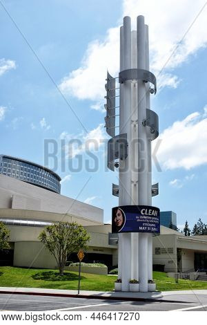 COSTA MESA, CALIFORNIA - 8 MAY 2021: Electronic Margquee at South Coast Repertory, located on the Segerstrom Center for the Arts campus.