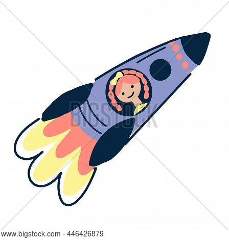Flying Spaceship With Austronaut Girl. Vector Illustration