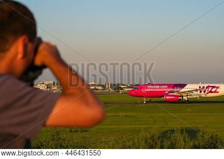 Warsaw, Poland - 07 August 2008: Side View Of Hungarian Airlines Wizz Air Jet Airplane Airbus A320-2