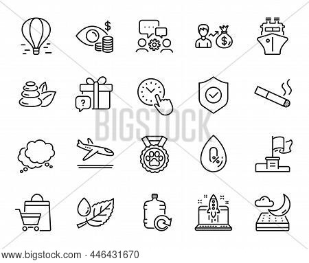 Vector Set Of Security Shield, Ship And No Alcohol Line Icons Set. Air Balloon, Secret Gift And Engi