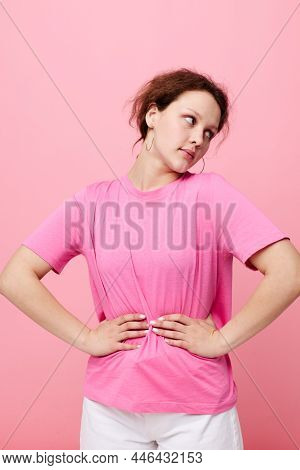 Young Woman Youth Clothing Posing Modern Style Pink Color Background Unaltered