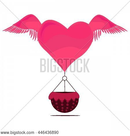Happy Valentines Day Flying Heart.hot Air Balloon. Red Heart