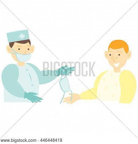 The Doctor Gives The Mask To The Patient. Compliance With The Mask Mode.