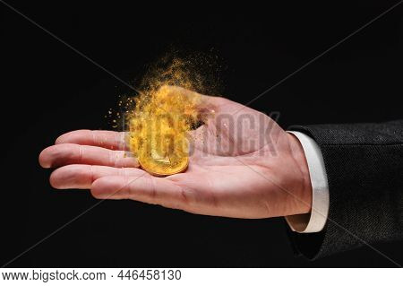 Ethereum Cryptocurrency Loosing Value, Investor Holding Crypto Currency Dissolving Coin In Hand, Con