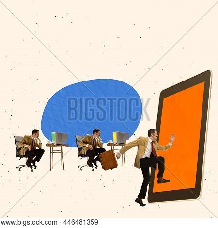 Contemporary Art Collage. Motivated Businessman, Employee Getting Promotion, Going Foward To Success