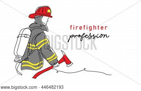 Fireman With Ax In Red Helmet And Uniform.one Continuous Line Art Drawing Vector Illustration Of Fir