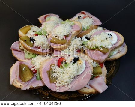 Czech Cuisine Open Sandwiches Close Up. Traditional Czech Sandwiches Or Sandwiches With Different To