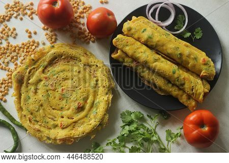 Chickpea Pancakes. Protein Rich Savory Pancakes Made Of Chickpea Flour With Onions, Tomato, Green Ch
