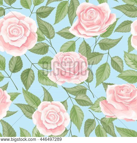Seamless Pattern With Cream Pink Roses. Vintage Floral Background