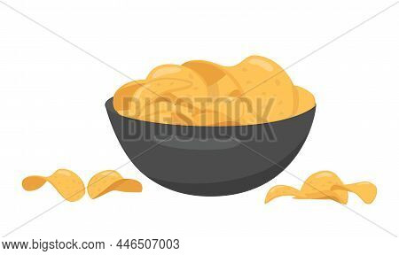 Potato Chips In Ceramic Clay Bowl For Fast Food Menu. Fried Slices Potato For Packaging Design. Vect